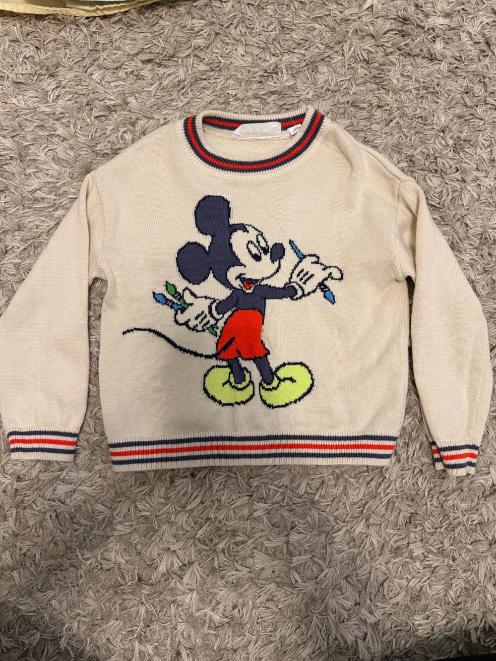 GAP Kids Cream Mickey Mouse Sweater with Red and Green Accents